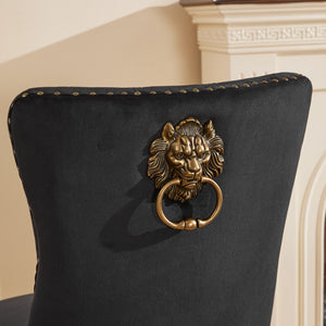 English Elm Mid-Century Velvet Dining Chair with Lion Head Pull Ring, Tufted Solid Wood Seat, Gold Legs Black W1143P193168
