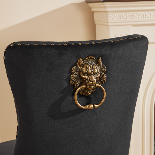 English Elm Mid-Century Velvet Dining Chair with Lion Head Pull Ring, Tufted Solid Wood Seat, Gold Legs Black W1143P193168