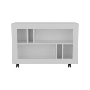 English Elm Joge versatile 37.4" console table cart with six staggered shelves, casters, sleek modern storage solution for entryway and living room White 42.9 L x 16.5 W x 5.5 H B200P286950