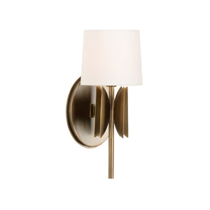 Wildwood Tilling Antique Brass Wall Sconce With Rolled-Edge Linen Shade, Sculptural Fins For Ambient Glow 15322
