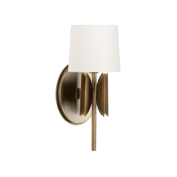 Wildwood Tilling Antique Brass Wall Sconce With Rolled-Edge Linen Shade, Sculptural Fins For Ambient Glow 15322