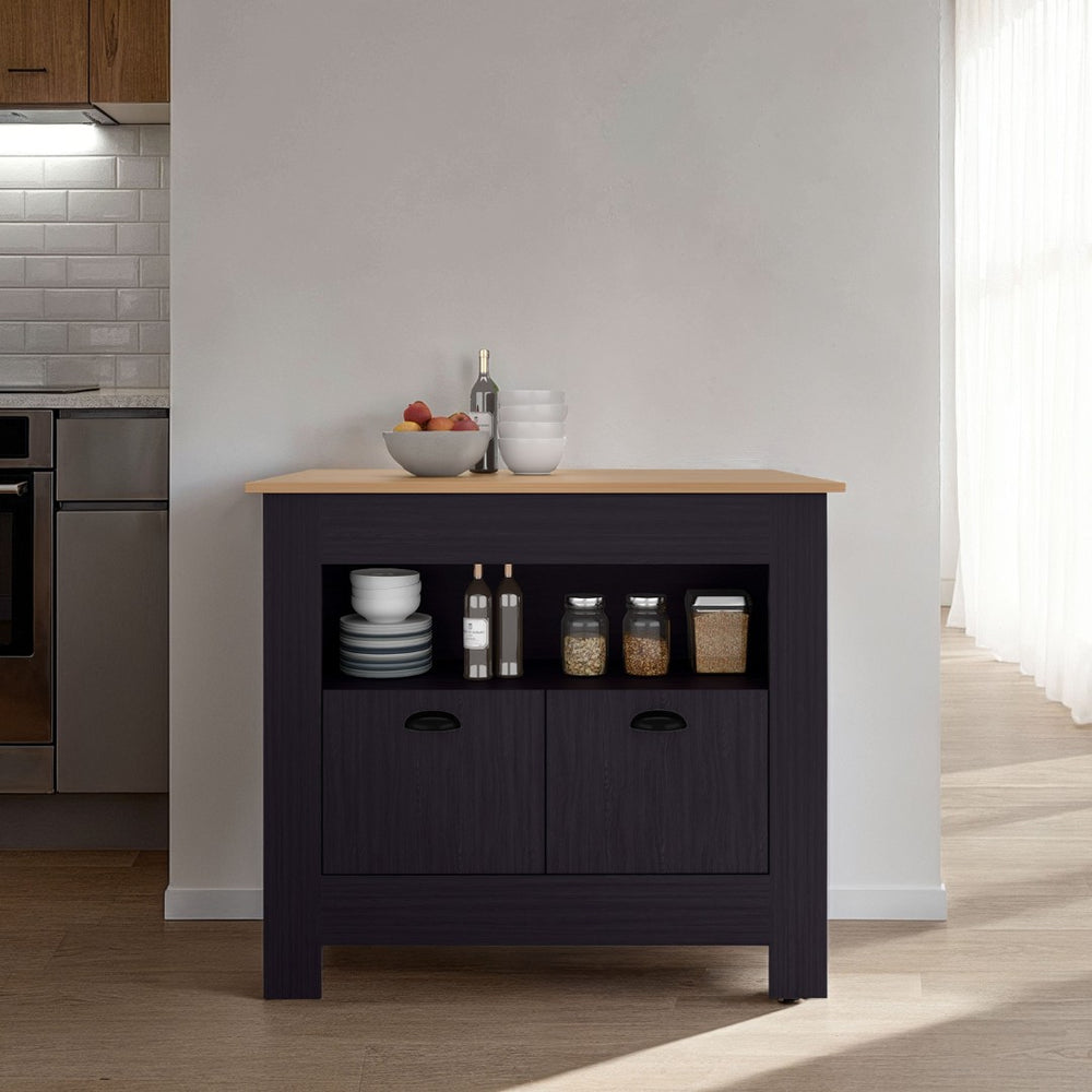 English Elm Theba Kitchen Island with Two Cabinet Doors and Three Shelves for Organized Cooking B128P460136