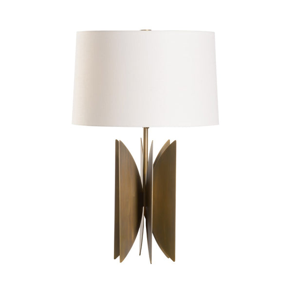 Wildwood Tilling Sculptural Table Lamp With Antique Brass Fins & Rolled-Edge Linen Shade For Warm Accent Lighting 15326