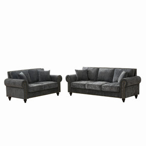 English Elm Modern Chenille 3+2 Seater Sofa with Rolled Arms, Velvet Touch, Nailhead Trim, Solid Wood Legs, Cozy Gray W3373S00021