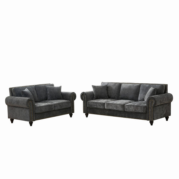 English Elm Modern Chenille 3+2 Seater Sofa with Rolled Arms, Velvet Touch, Nailhead Trim, Solid Wood Legs, Cozy Gray W3373S00021