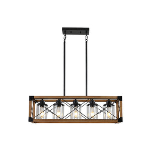 English Elm 32" Walnut Industrial Farmhouse Pendant Light Chandelier - 5-Lamp Design For Dining & Kitchen Decor W2312P368675