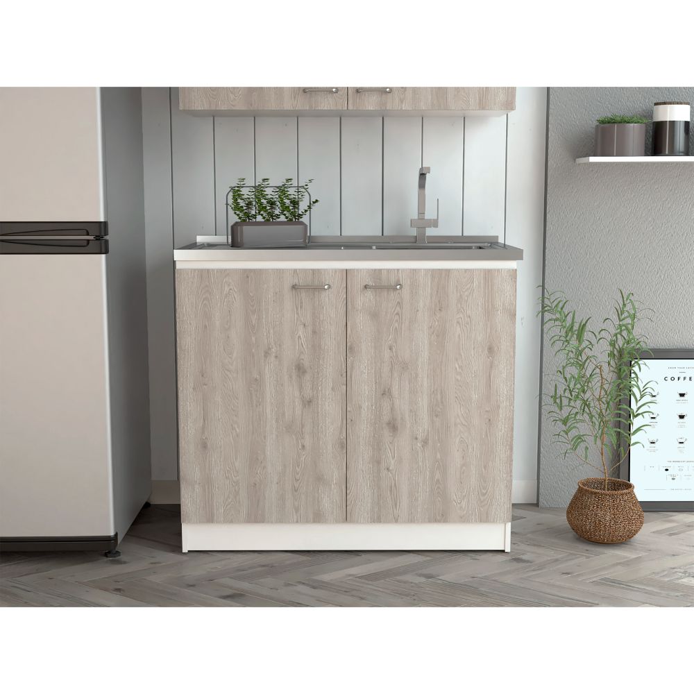 English Elm Freestanding Sink Cabinet With Double Doors, Two Adjustable Shelves, White & Light Gray Finish B097S00139