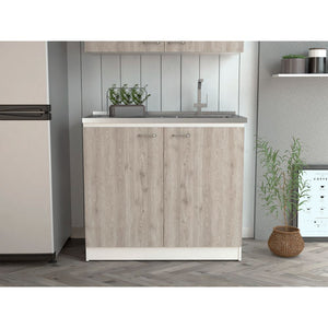 English Elm Freestanding Sink Cabinet With Double Doors, Two Adjustable Shelves, White & Light Gray Finish B097S00139