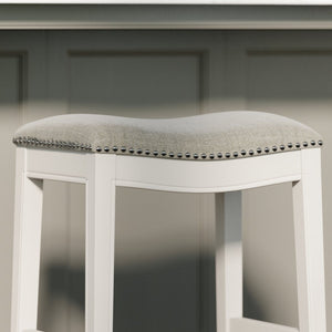 English Elm 31in. Farmhouse Whitewash Hardwood Barstool Nailhead Upholstered Seat Kitchen Island Accent White B2751P436419