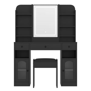 English Elm 43.2" Bedroom Dressing Table with Rgb Lit Glass Cabinets Led Mirror and Charging Station Black N704P407114B