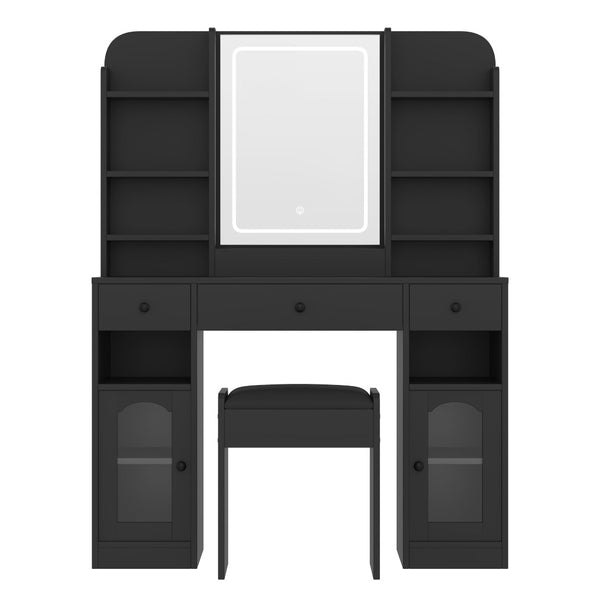 English Elm 43.2" Bedroom Dressing Table with Rgb Lit Glass Cabinets Led Mirror and Charging Station Black N704P407114B