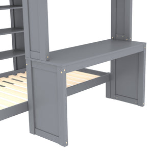 English Elm Full Solid Wood Loft Bed with Removable Lower Bed, Built-In Desk, Shelves & Wardrobe for Space-Saving Designs Grey W1580S00212