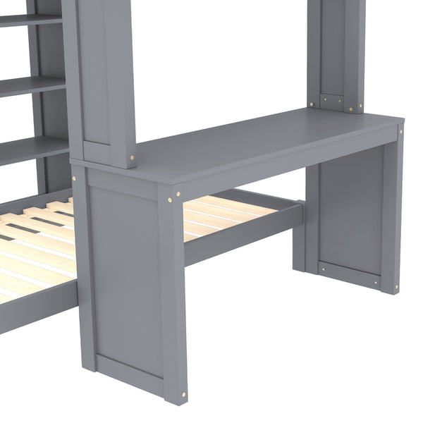 English Elm Full Solid Wood Loft Bed with Removable Lower Bed, Built-In Desk, Shelves & Wardrobe for Space-Saving Designs Grey W1580S00212
