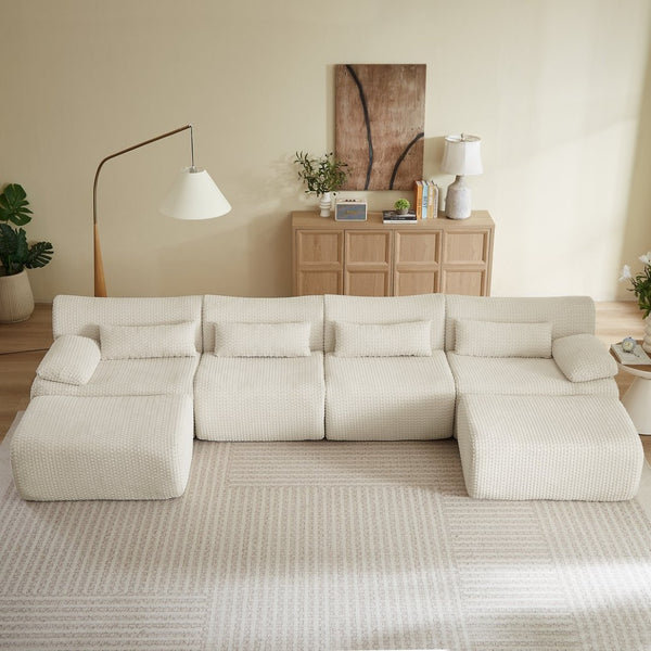 English Elm Sectional U-shaped Corduroy Sofa with Ottoman Convertible Layout for Any Living Room Cream W2339S00155