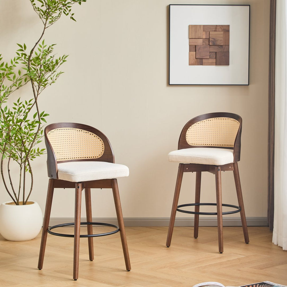 English Elm Christopher Knight Home® - Como Rattan-Back Indoor Wood Barstool Set of 2 with Plush Fabric Cushion, Ergonomic Stylish Seating Beige,Walnut N775P264459W