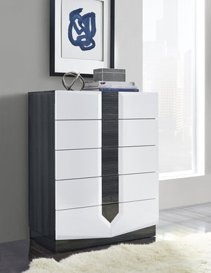English Elm VIOS Zebra High Gloss Chest with Black Zebrano Accents, Solid Wood & MDF, Sleek Modern Storage White+Black 37.6 L x 22.05 W x 47.44 H B201P215803