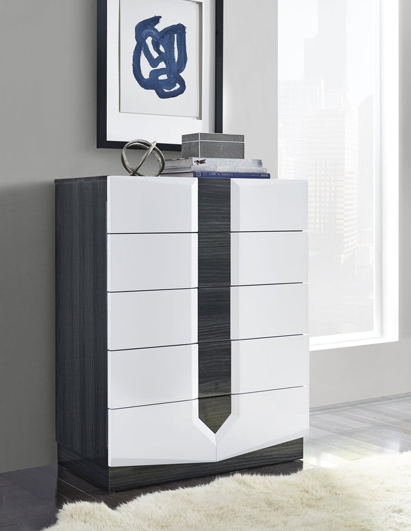 English Elm VIOS Zebra High Gloss Chest with Black Zebrano Accents, Solid Wood & MDF, Sleek Modern Storage White+Black 37.6 L x 22.05 W x 47.44 H B201P215803