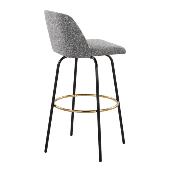 English Elm 30" Swivel Barstools Set of 2 Grey Fabric Gold Footrest Black Metal Kitchen Counter B202S00653