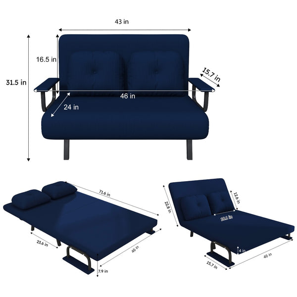 English Elm 46" Wide Corduroy Sleeper Sofa Bed Convertible Folding Chair for Two with Adjustable Backrest Blue W2700P431035
