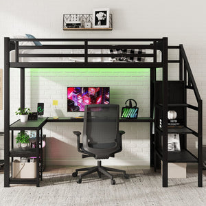 English Elm Metal Full Loft Bed with Wardrobe, LED, L-Desk & USB Ports — Space-Saving Full Size Bunk for Kids Teens Adults W2593S00008