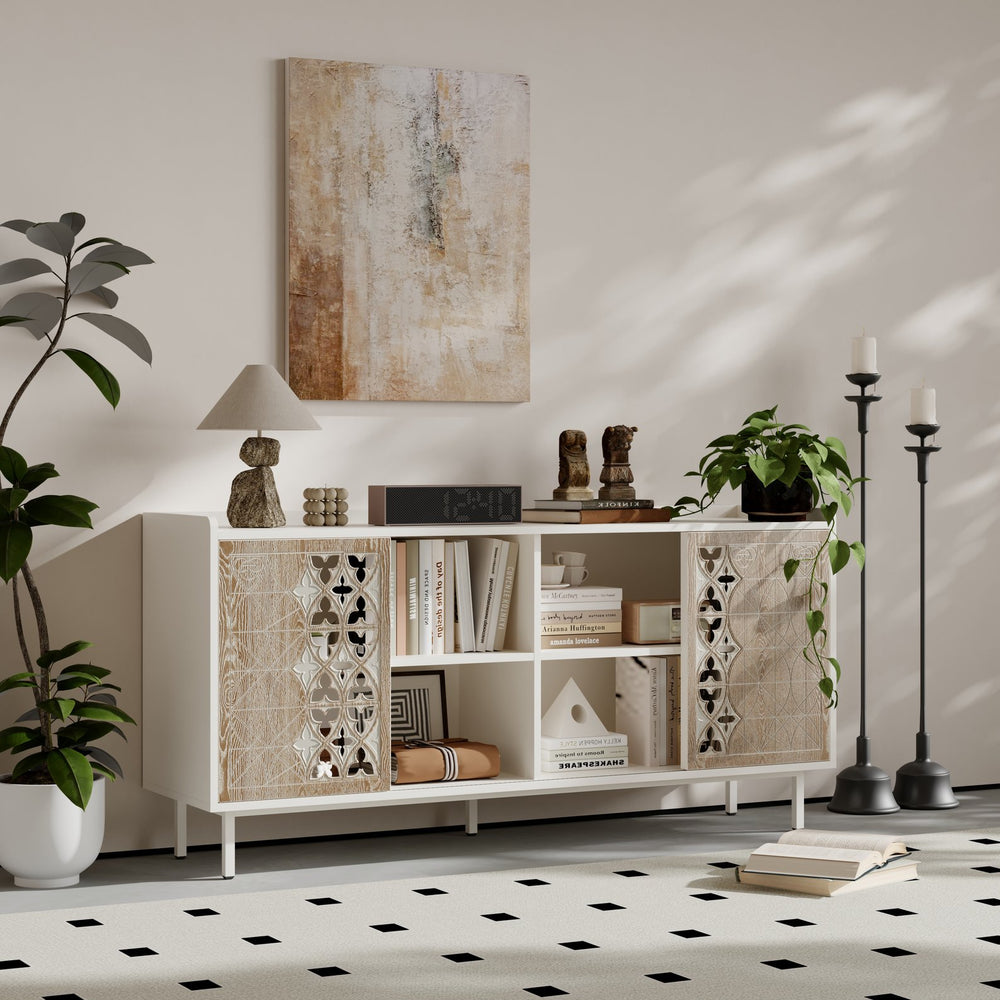 English Elm Sicotas Rustic Mid Century Sideboard White+Vintage Sliding Door Accent Cabinet with Shelves for Storage W2263P207531