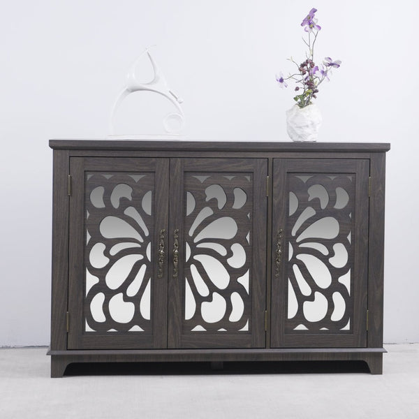 English Elm 49.33" Mirrored Lattice Buffet Cabinet with Adjustable Shelves Vintage Wood Grain Sideboard Dark Brown W2899P372741