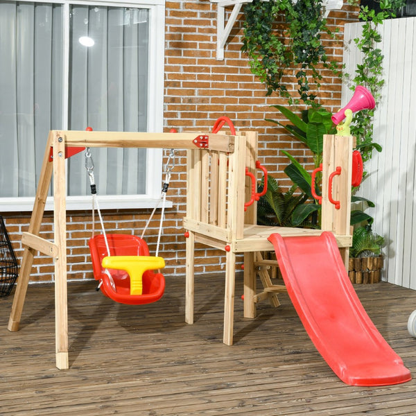 English Elm Outsunny Wooden Toddler Playset Backyard Swing Slide Captain Wheel Horn Ages W2225P229474