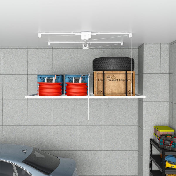 English Elm Overhead Garage Storage Rack with Crank Lift 270lb Steel Platform for High Ceilings W2700P346224