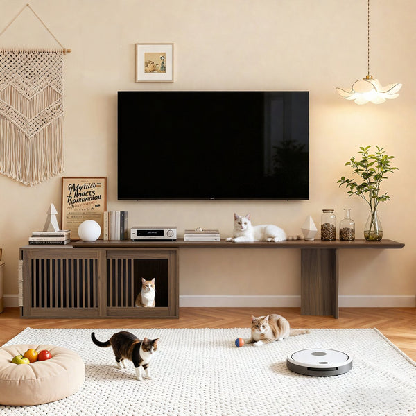 English Elm Mid-Century Extendable Walnut TV Stand with Hidden Litter Box, Cat Scratcher & 78–110" Top N843MP002W