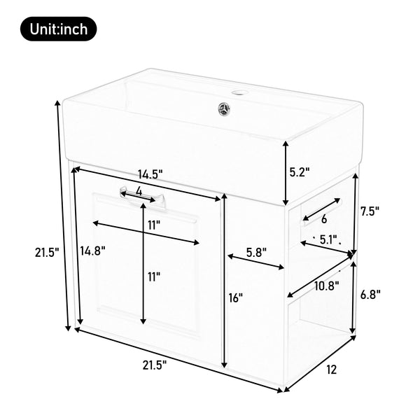 English Elm Christopher Knight Home® - 21.8" Wall-Mounted Bathroom Vanity with Ceramic Sink, Soft-Close Drawer, Adjustable Shelves & Tissue Holder Black N759P292550B