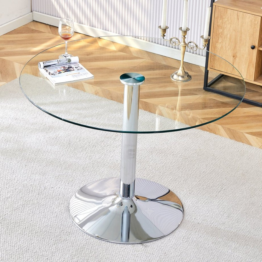 English Elm A Round Tempered Glass Dining Table with Silver Legs Seats Six in Modern Style W1151S03483