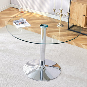 English Elm A Round Tempered Glass Dining Table with Silver Legs Seats Six in Modern Style W1151S03483