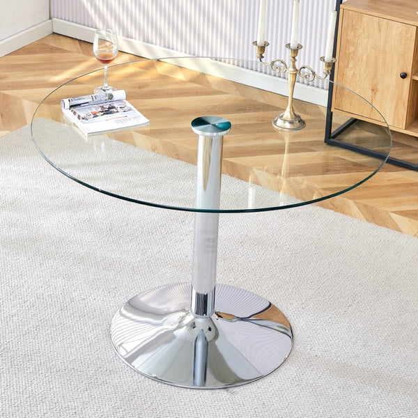 English Elm A Round Tempered Glass Dining Table with Silver Legs Seats Six in Modern Style W1151S03483