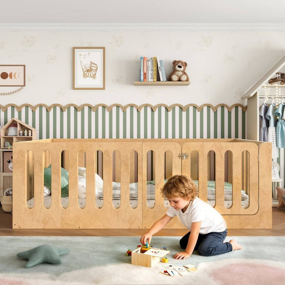 English Elm Twin Solid Pine Montessori Floor Bed with House Frame Door and Safety Fence Natural W5305P420633