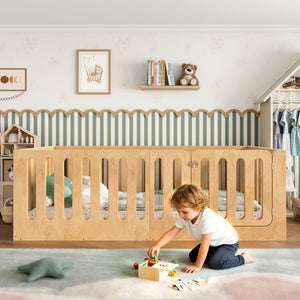 English Elm Twin Solid Pine Montessori Floor Bed with House Frame Door and Safety Fence Natural W5305P420633