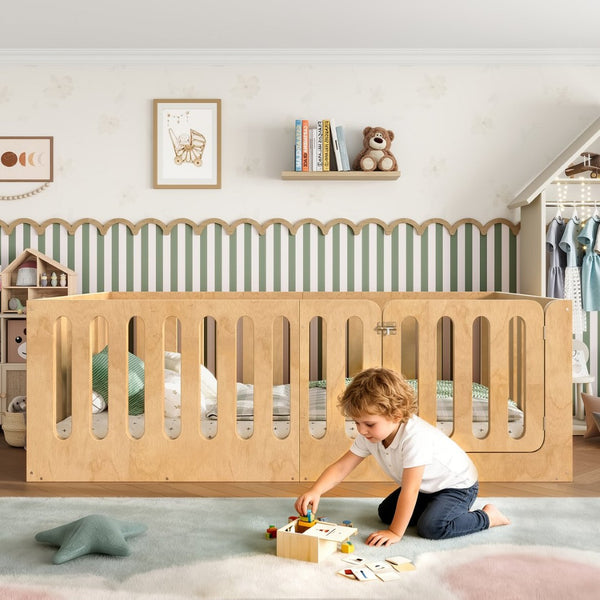 English Elm Twin Solid Pine Montessori Floor Bed with House Frame Door and Safety Fence Natural W5305P420633