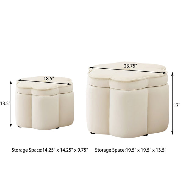 English Elm Set of 2 Flower Petal Velvet Storage Ottomans Sculptural Nesting Seating for Living Room Cream W2186P440352
