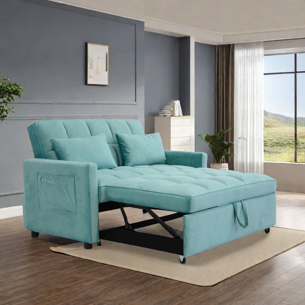 English Elm 55.2" Velvet Two Seater Sofa Bed with Adjustable Backrest, 3 USB Ports, Side Pockets, Space-Saving Lounge (Peacock Blue) W1183138561