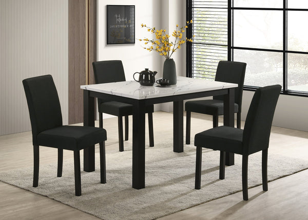 English Elm 5pc Modern Dining Set with Faux Marble Top, Plush Charcoal Upholstery, Sleek Black Legs, Compact Elegance B011S01944