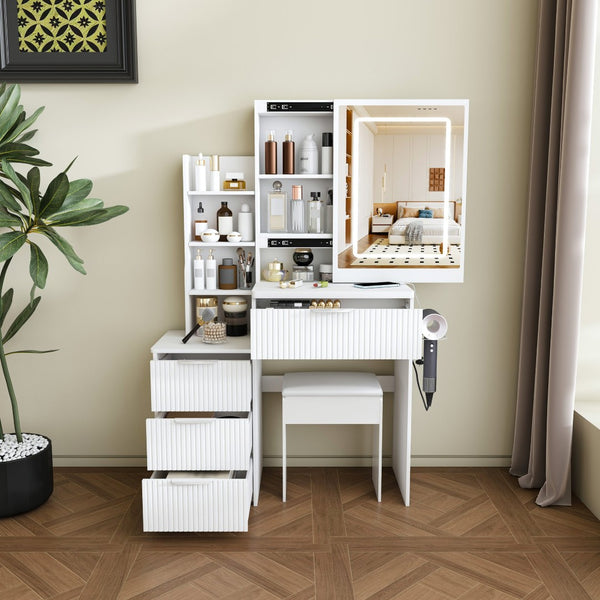 English Elm Modern Makeup Vanity Desk with Led Lighting Four Drawers Mirror and Built-in Power Outlet White W509P465830
