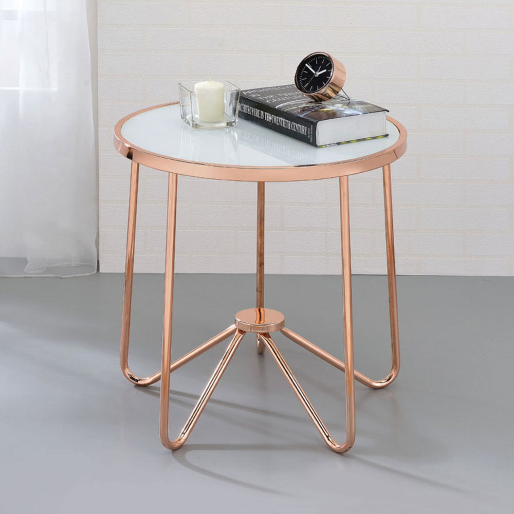 English Elm White White Frosted Glass Top Round Table with Retro Rose Gold Metal Base — Chic Accent End Table for Living Rooms, Durable Statement Piece B016P314016