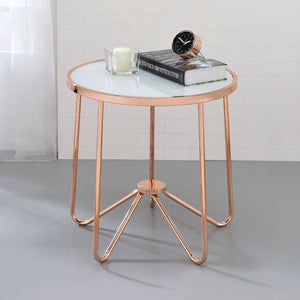 English Elm White White Frosted Glass Top Round Table with Retro Rose Gold Metal Base — Chic Accent End Table for Living Rooms, Durable Statement Piece B016P314016
