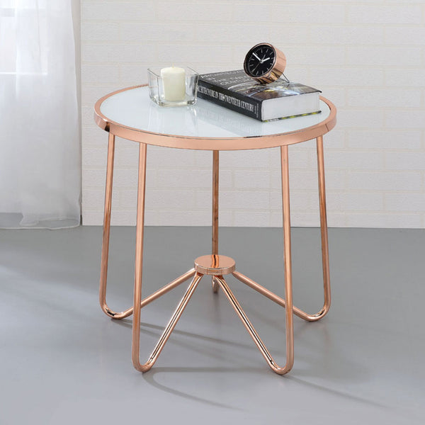 English Elm White White Frosted Glass Top Round Table with Retro Rose Gold Metal Base — Chic Accent End Table for Living Rooms, Durable Statement Piece B016P314016