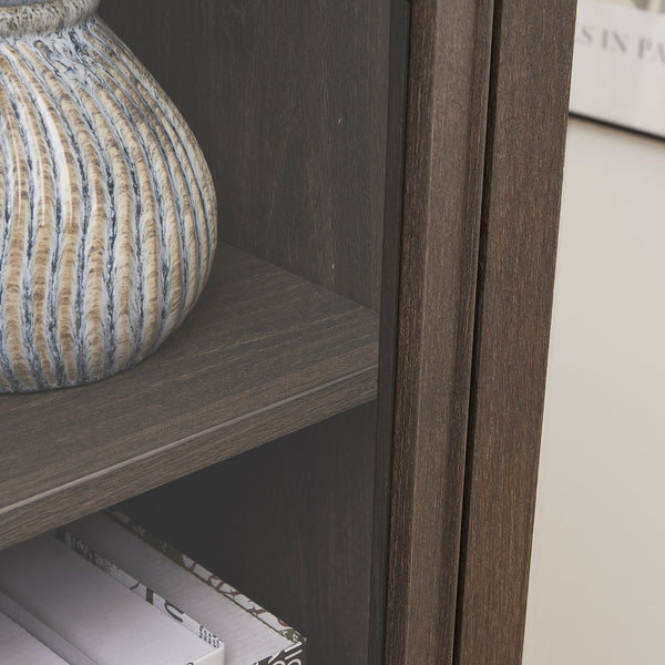 English Elm Tall Glass Storage Cabinet with Classic Farmhouse Design, Ample Shelves, Drawer & Smooth Finish Brown W2275P206603