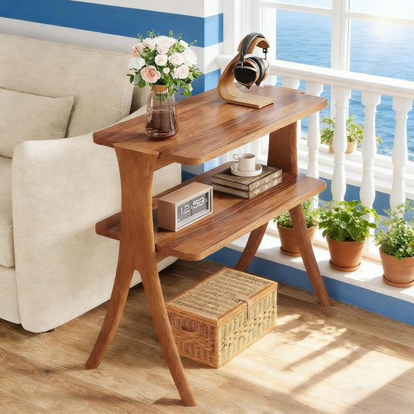 English Elm 2-tier Walnut Wood Grain End Table with Herringbone Legs for Entryway or Living Room T3971P448039