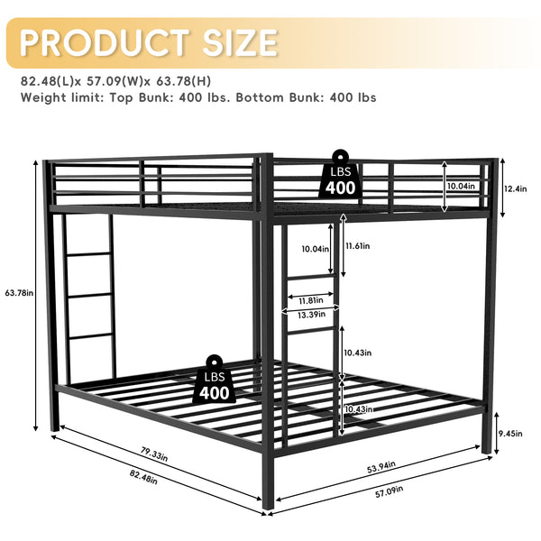 English Elm Multi Square Tube Iron Bunk Bed Full over Full, Black Sturdy Metal Frame, Dual Ladders, Space‑Saving Dorm Solution W1935P360909