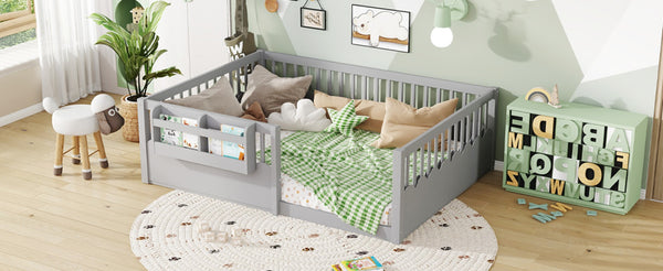 English Elm Twin Low Profile Kids Floor Bed Pine Wood Frame with Safety Rail and Built in Bookshelf Gray W1580P373140