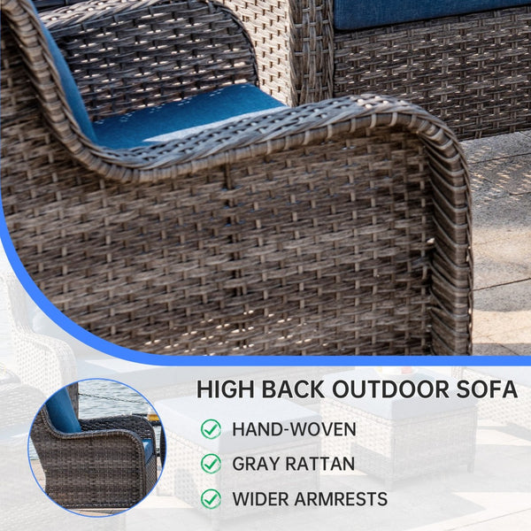 English Elm Tl Seven Piece Outdoor Pe Rattan Patio Set with Swivel Chairs Footstools and Side Table T5925S00006