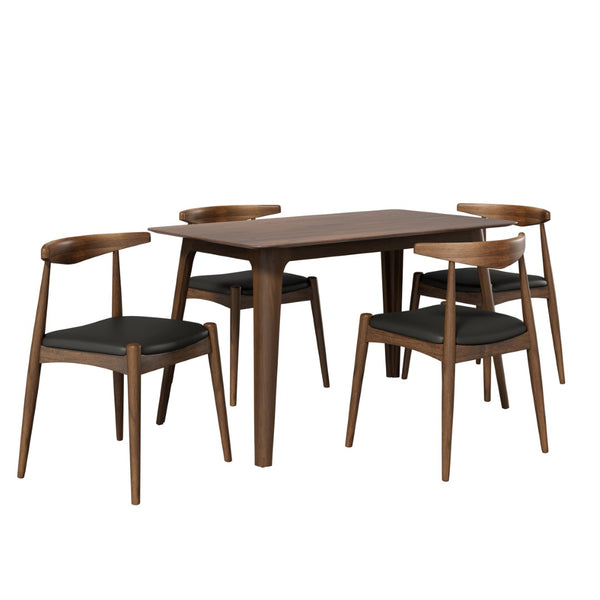English Elm [video] 5-piece Mid-century Dining Set Rubberwood Frame Faux Leather Ergonomic Chairs Walnut+Black N759S006011B