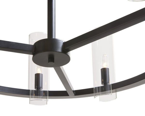 Sunpan CLARABELLE Chandelier - Elegant Black Metal Wheel Design with Clear Glass Shades for Warm Glow 107927